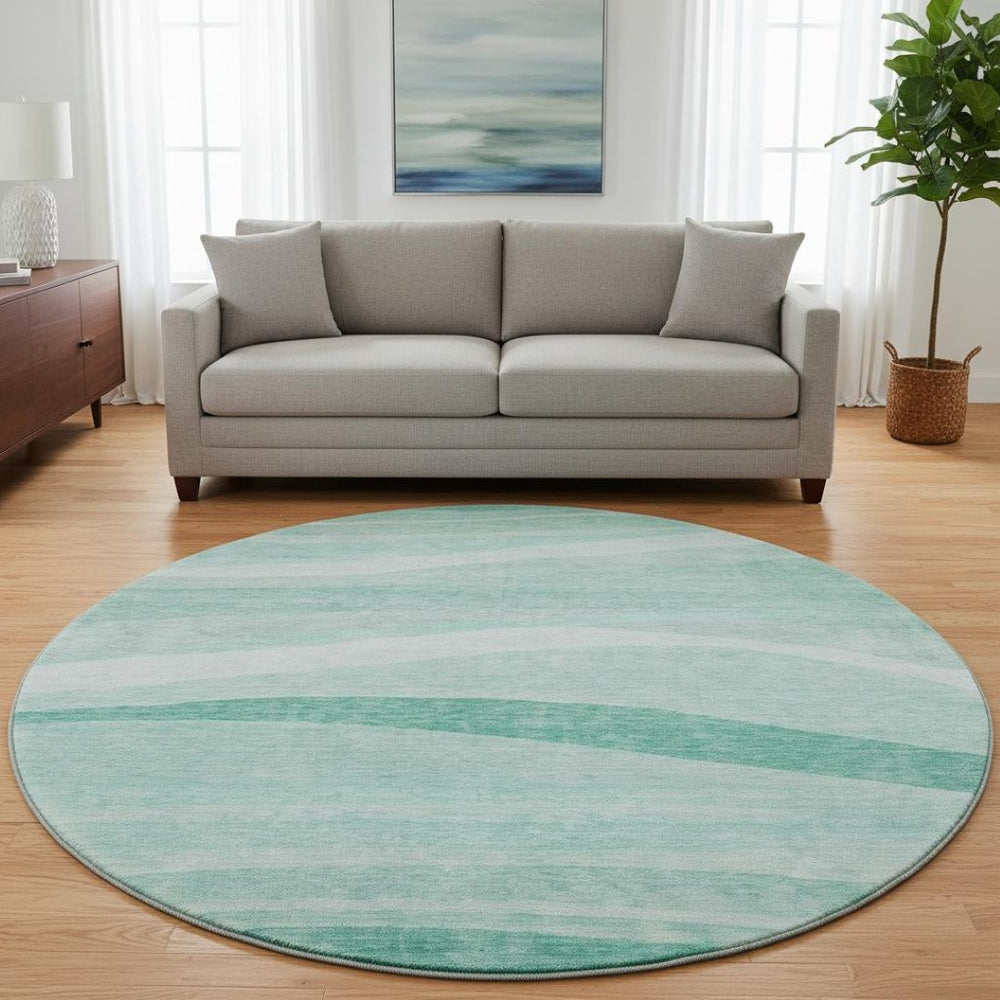 HomeRoots 8' Aqua and Ivory Abstract Round Rug - Stylish, Washable, UV-Protected Design for Modern Spaces 684259