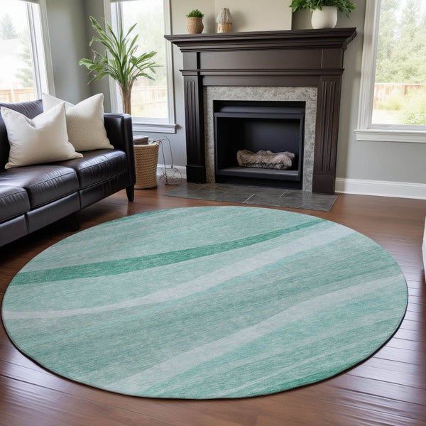 HomeRoots 8' Aqua and Ivory Abstract Round Rug - Stylish, Washable, UV-Protected Design for Modern Spaces 684259