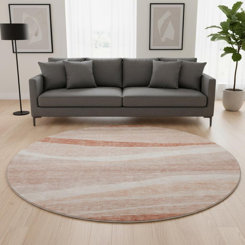 HomeRoots 8' Salmon And Ivory Washable Round Area Rug – Modern Abstract Design with UV Protection & Durability 684265