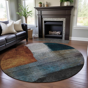 HomeRoots 8' Copper, Ivory & Teal Abstract Washable Round Rug - Durable, UV Protected for High Traffic Areas 684277