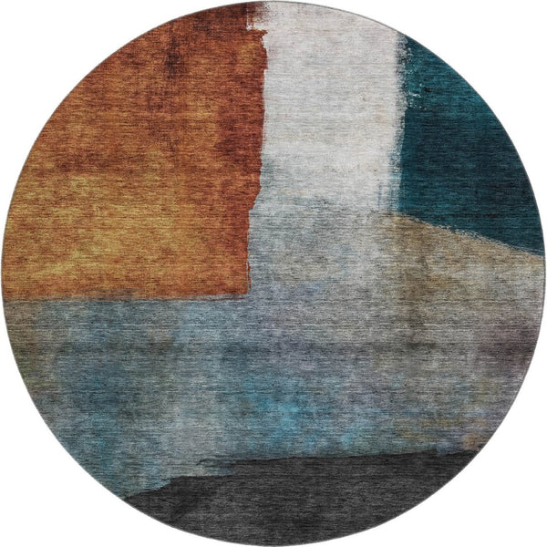 HomeRoots 8' Copper, Ivory & Teal Abstract Washable Round Rug - Durable, UV Protected for High Traffic Areas 684277