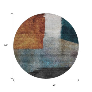 HomeRoots 8' Copper, Ivory & Teal Abstract Washable Round Rug - Durable, UV Protected for High Traffic Areas 684277