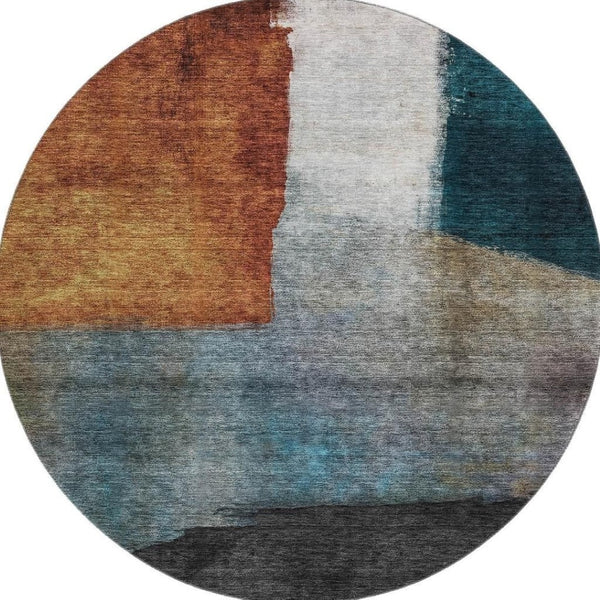 HomeRoots 8' Copper, Ivory & Teal Abstract Washable Round Rug - Durable, UV Protected for High Traffic Areas 684277