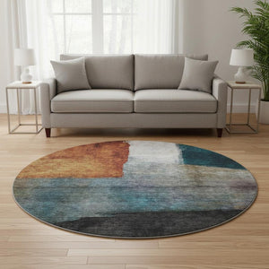 HomeRoots 8' Copper, Ivory & Teal Abstract Washable Round Rug - Durable, UV Protected for High Traffic Areas 684277