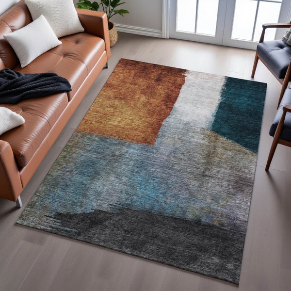 HomeRoots 10' Copper, Ivory & Teal Abstract Washable Area Rug - Durable, Stain-Resistant & UV Protected Design 684280
