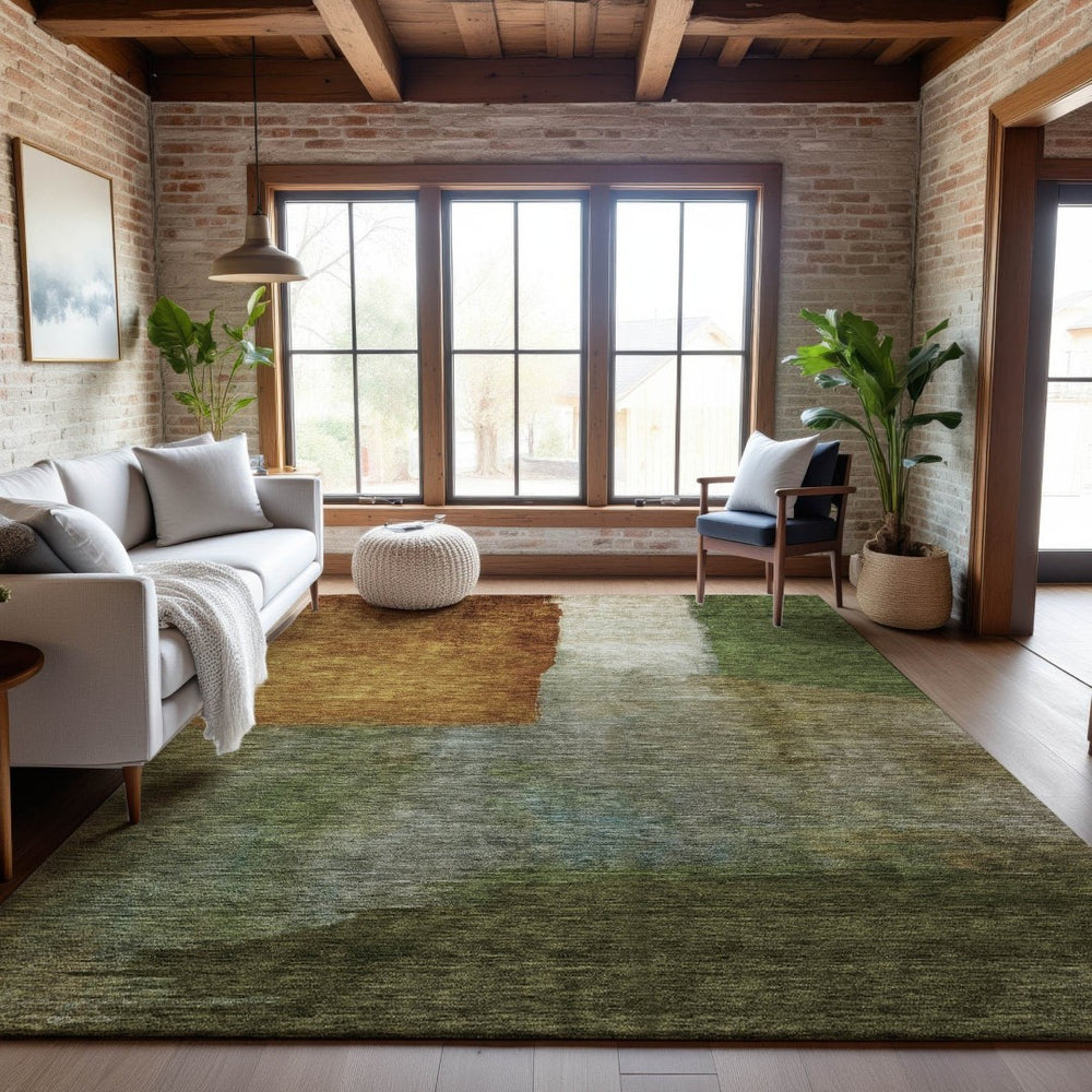 HomeRoots 5' X 8' Abstract Area Rug in Green, Ivory & Brown – Washable, Stain Resistant & UV Protected Design 684282