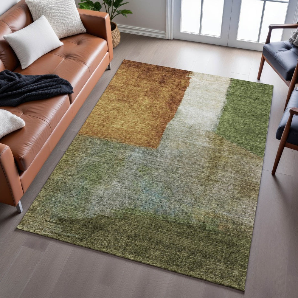 HomeRoots 5' X 8' Abstract Area Rug in Green, Ivory & Brown – Washable, Stain Resistant & UV Protected Design 684282