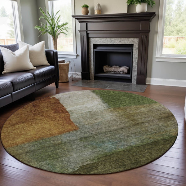 HomeRoots 8' Washable Round Area Rug with Green, Ivory & Brown Abstract Design - UV Protected & Stain Resistant 684283