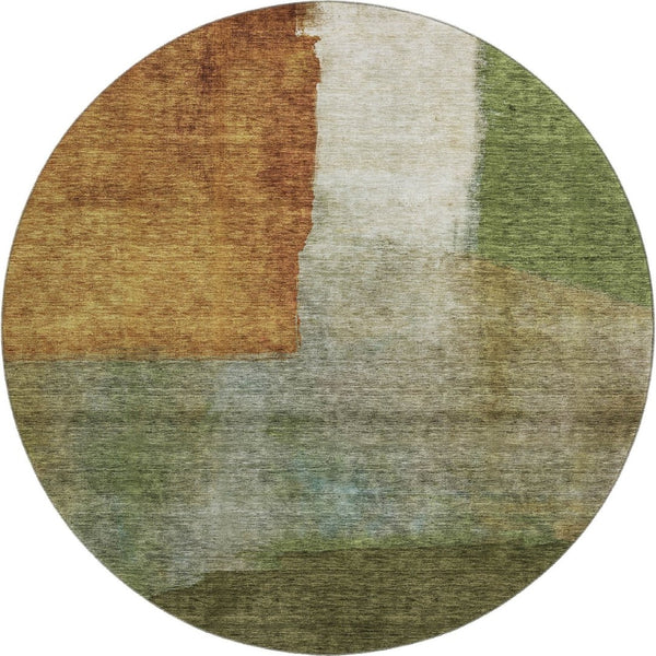 HomeRoots 8' Washable Round Area Rug with Green, Ivory & Brown Abstract Design - UV Protected & Stain Resistant 684283