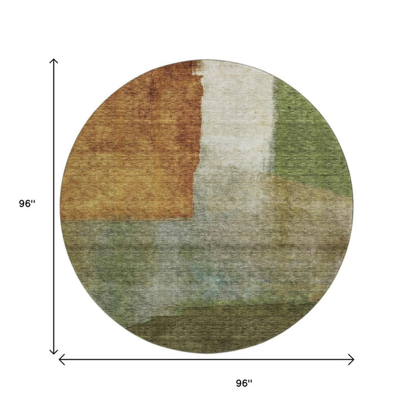 HomeRoots 8' Washable Round Area Rug with Green, Ivory & Brown Abstract Design - UV Protected & Stain Resistant 684283