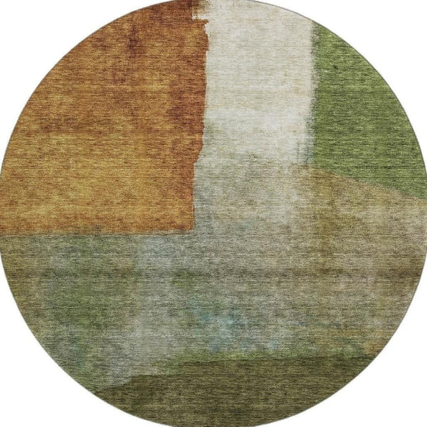 HomeRoots 8' Washable Round Area Rug with Green, Ivory & Brown Abstract Design - UV Protected & Stain Resistant 684283