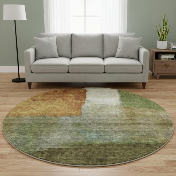 HomeRoots 8' Washable Round Area Rug with Green, Ivory & Brown Abstract Design - UV Protected & Stain Resistant 684283