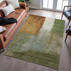 HomeRoots 10' X 14' Washable Abstract Area Rug - Green, Ivory & Brown with UV Protection for Busy Homes 684286