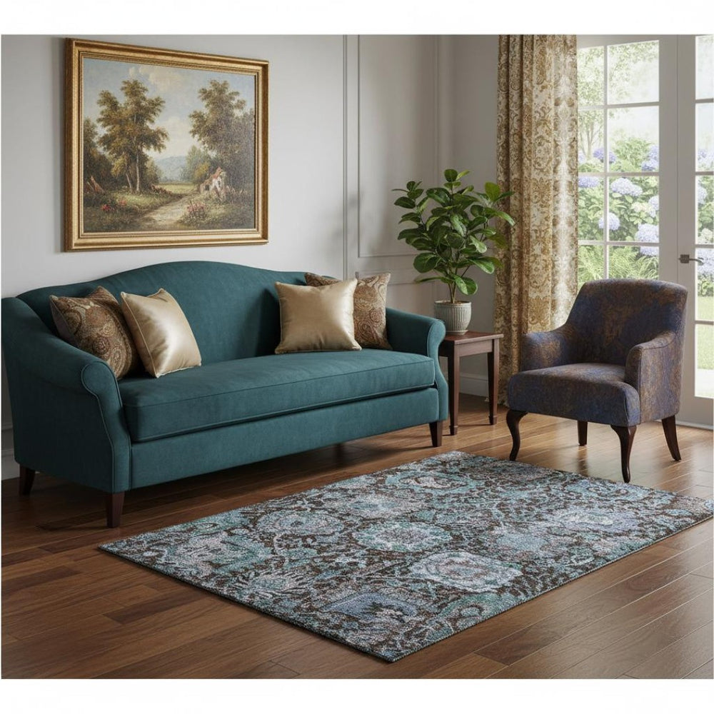 HomeRoots 5' X 8' Chocolate & Teal Damask Rug - Stylish, Washable, UV-Protected for Busy Homes & Families 684288