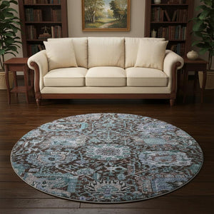 HomeRoots 8' Chocolate and Teal Damask Washable Round Rug - Durable, Stain-Resistant, UV Protected for Homes 684289