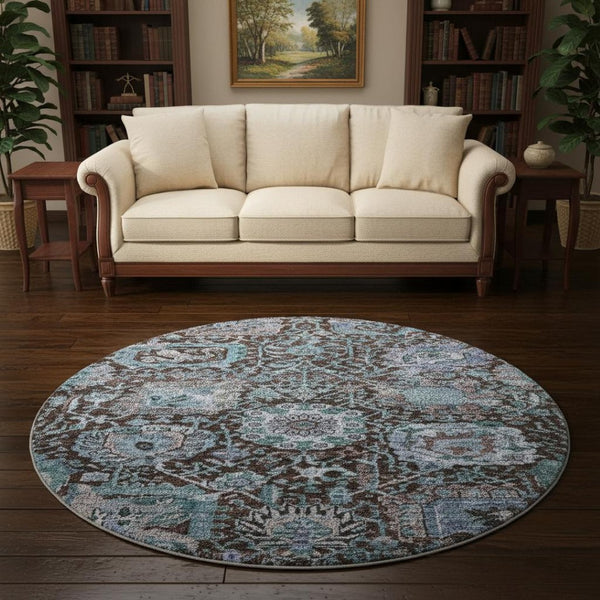 HomeRoots 8' Chocolate and Teal Damask Washable Round Rug - Durable, Stain-Resistant, UV Protected for Homes 684289