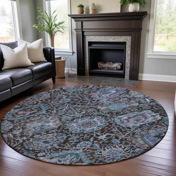 HomeRoots 8' Chocolate and Teal Damask Washable Round Rug - Durable, Stain-Resistant, UV Protected for Homes 684289