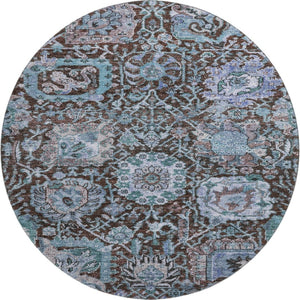 HomeRoots 8' Chocolate and Teal Damask Washable Round Rug - Durable, Stain-Resistant, UV Protected for Homes 684289