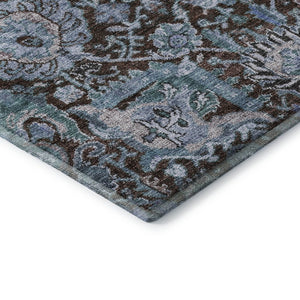 HomeRoots 8' Chocolate and Teal Damask Washable Round Rug - Durable, Stain-Resistant, UV Protected for Homes 684289