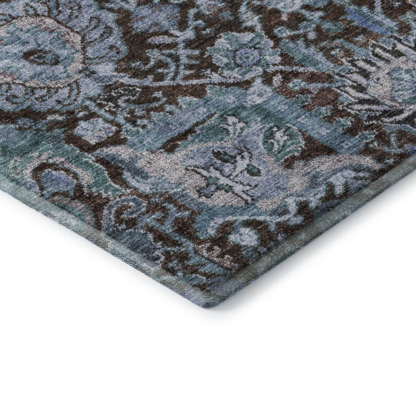 HomeRoots 8' Chocolate and Teal Damask Washable Round Rug - Durable, Stain-Resistant, UV Protected for Homes 684289
