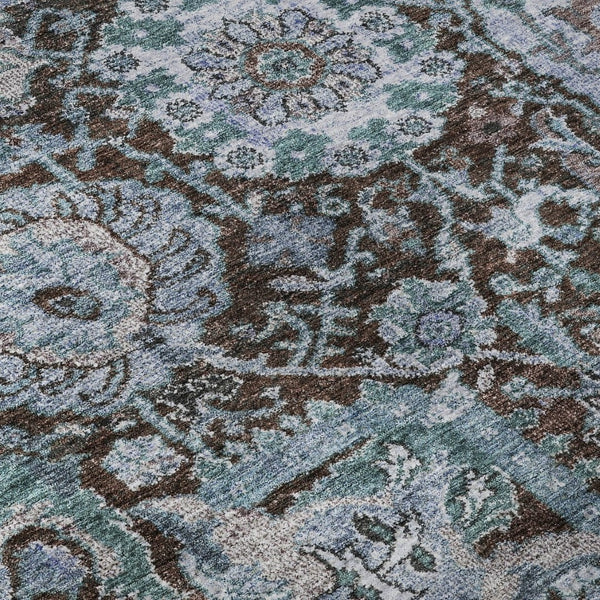 HomeRoots 8' Chocolate and Teal Damask Washable Round Rug - Durable, Stain-Resistant, UV Protected for Homes 684289