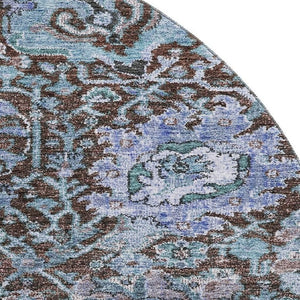 HomeRoots 8' Chocolate and Teal Damask Washable Round Rug - Durable, Stain-Resistant, UV Protected for Homes 684289