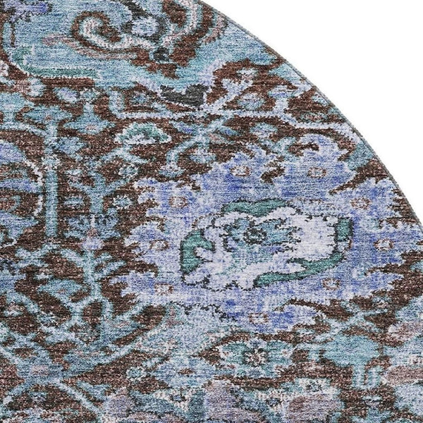 HomeRoots 8' Chocolate and Teal Damask Washable Round Rug - Durable, Stain-Resistant, UV Protected for Homes 684289