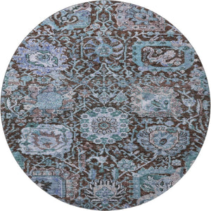 HomeRoots 8' Chocolate and Teal Damask Washable Round Rug - Durable, Stain-Resistant, UV Protected for Homes 684289