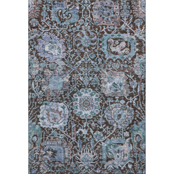 HomeRoots 8' X 10' Stylish Chocolate and Teal Damask Washable Area Rug - Durable, Stain Resistant, UV Protected! 684290