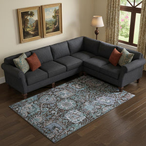 HomeRoots 9' X 12' Elegant Chocolate & Teal Damask Area Rug - Washable, UV Protected, Perfect for Living Spaces! 684291