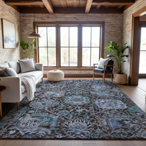 HomeRoots 9' X 12' Elegant Chocolate & Teal Damask Area Rug - Washable, UV Protected, Perfect for Living Spaces! 684291
