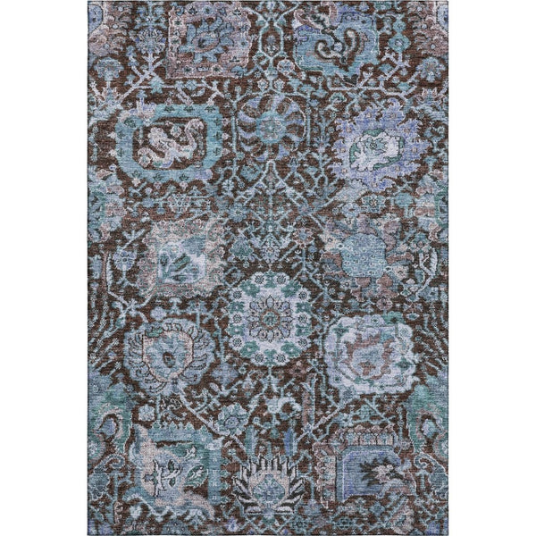 HomeRoots 9' X 12' Elegant Chocolate & Teal Damask Area Rug - Washable, UV Protected, Perfect for Living Spaces! 684291