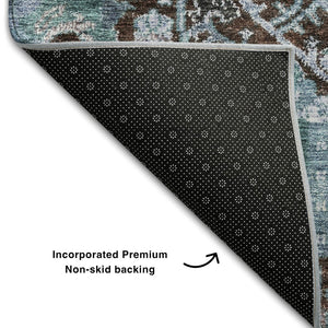 HomeRoots 9' X 12' Elegant Chocolate & Teal Damask Area Rug - Washable, UV Protected, Perfect for Living Spaces! 684291