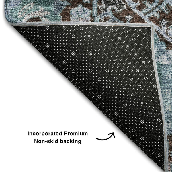 HomeRoots 9' X 12' Elegant Chocolate & Teal Damask Area Rug - Washable, UV Protected, Perfect for Living Spaces! 684291
