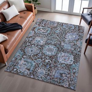 HomeRoots 9' X 12' Elegant Chocolate & Teal Damask Area Rug - Washable, UV Protected, Perfect for Living Spaces! 684291