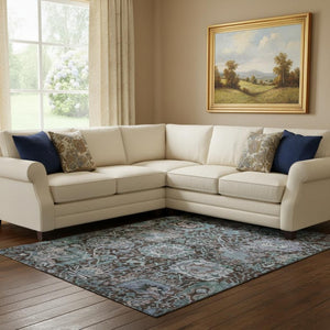 HomeRoots 10' Chocolate and Teal Damask Area Rug - Washable, UV-Protected, Stain Resistant, Elegant Design 684292