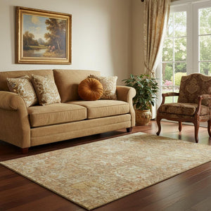 HomeRoots 5' X 8' Khaki & Beige Damask Area Rug - Stylish, Washable, UV-Protected for Homes with Kids & Pets 684294