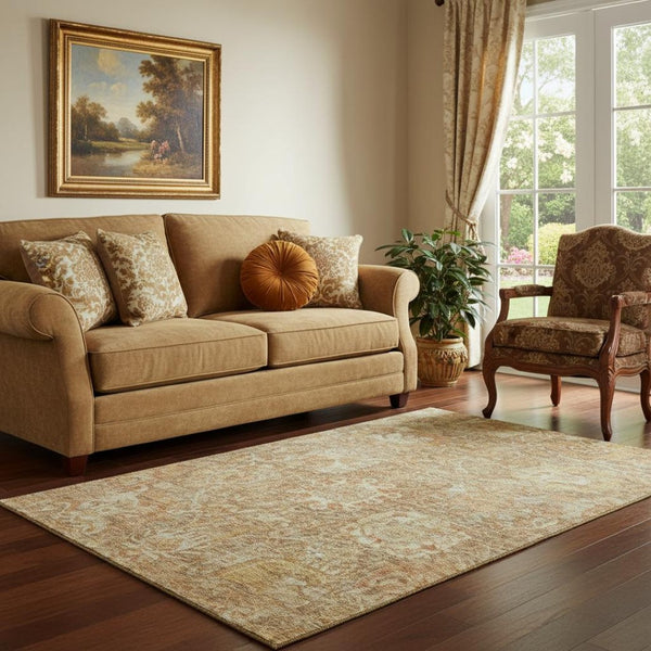 HomeRoots 5' X 8' Khaki & Beige Damask Area Rug - Stylish, Washable, UV-Protected for Homes with Kids & Pets 684294