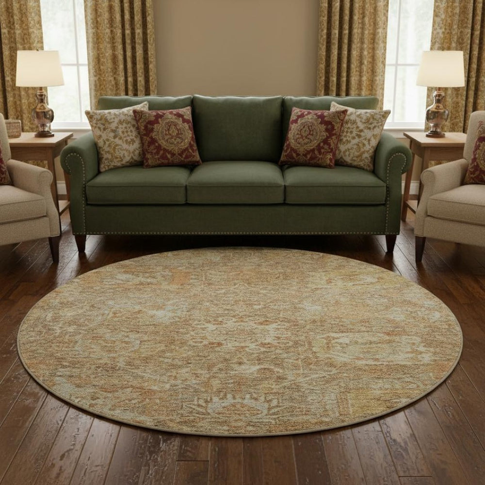 HomeRoots 8' Khaki and Beige Damask Round Rug - Washable, UV Protected, Durable, Elegant Design for Any Home 684295