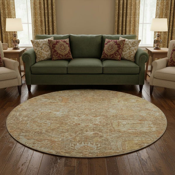 HomeRoots 8' Khaki and Beige Damask Round Rug - Washable, UV Protected, Durable, Elegant Design for Any Home 684295