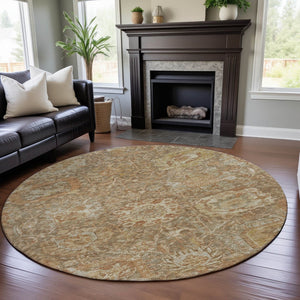 HomeRoots 8' Khaki and Beige Damask Round Rug - Washable, UV Protected, Durable, Elegant Design for Any Home 684295