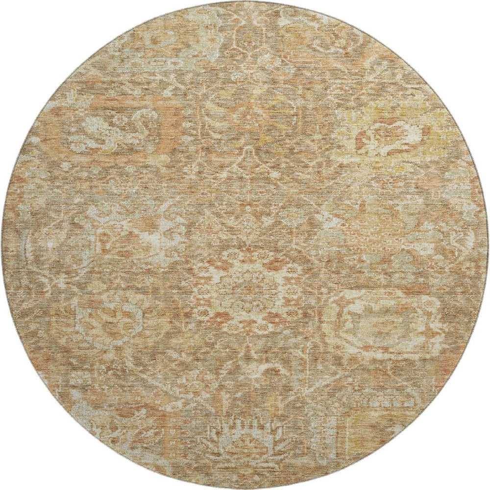 HomeRoots 8' Khaki and Beige Damask Round Rug - Washable, UV Protected, Durable, Elegant Design for Any Home 684295