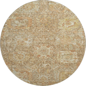 HomeRoots 8' Khaki and Beige Damask Round Rug - Washable, UV Protected, Durable, Elegant Design for Any Home 684295