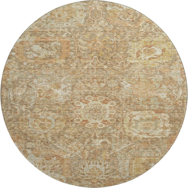 HomeRoots 8' Khaki and Beige Damask Round Rug - Washable, UV Protected, Durable, Elegant Design for Any Home 684295