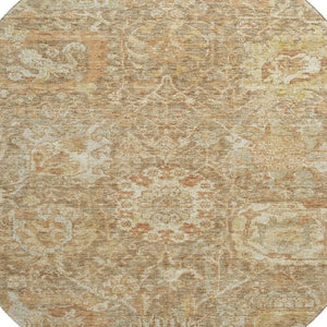 HomeRoots 8' Khaki and Beige Damask Round Rug - Washable, UV Protected, Durable, Elegant Design for Any Home 684295