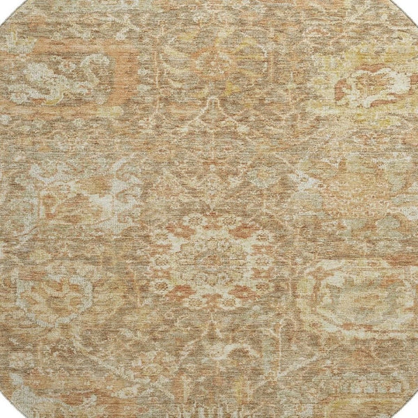 HomeRoots 8' Khaki and Beige Damask Round Rug - Washable, UV Protected, Durable, Elegant Design for Any Home 684295