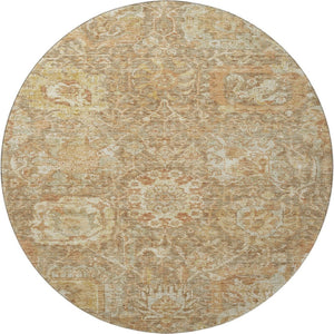 HomeRoots 8' Khaki and Beige Damask Round Rug - Washable, UV Protected, Durable, Elegant Design for Any Home 684295
