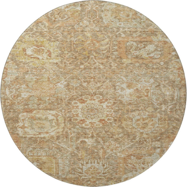 HomeRoots 8' Khaki and Beige Damask Round Rug - Washable, UV Protected, Durable, Elegant Design for Any Home 684295