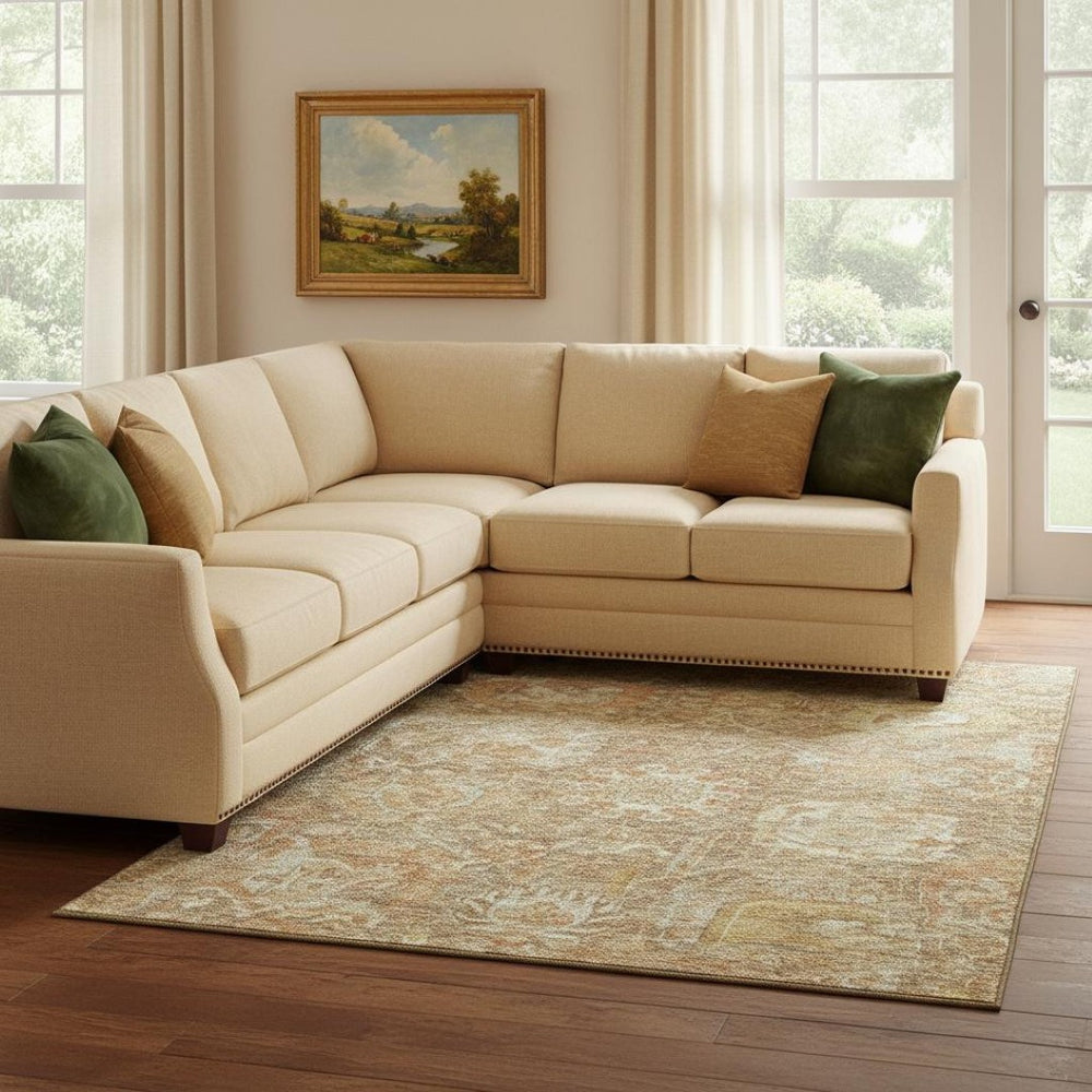 HomeRoots 8' X 10' Khaki and Beige Damask Area Rug - Washable, Stain-Resistant, UV Protected for Everyday Use 684296