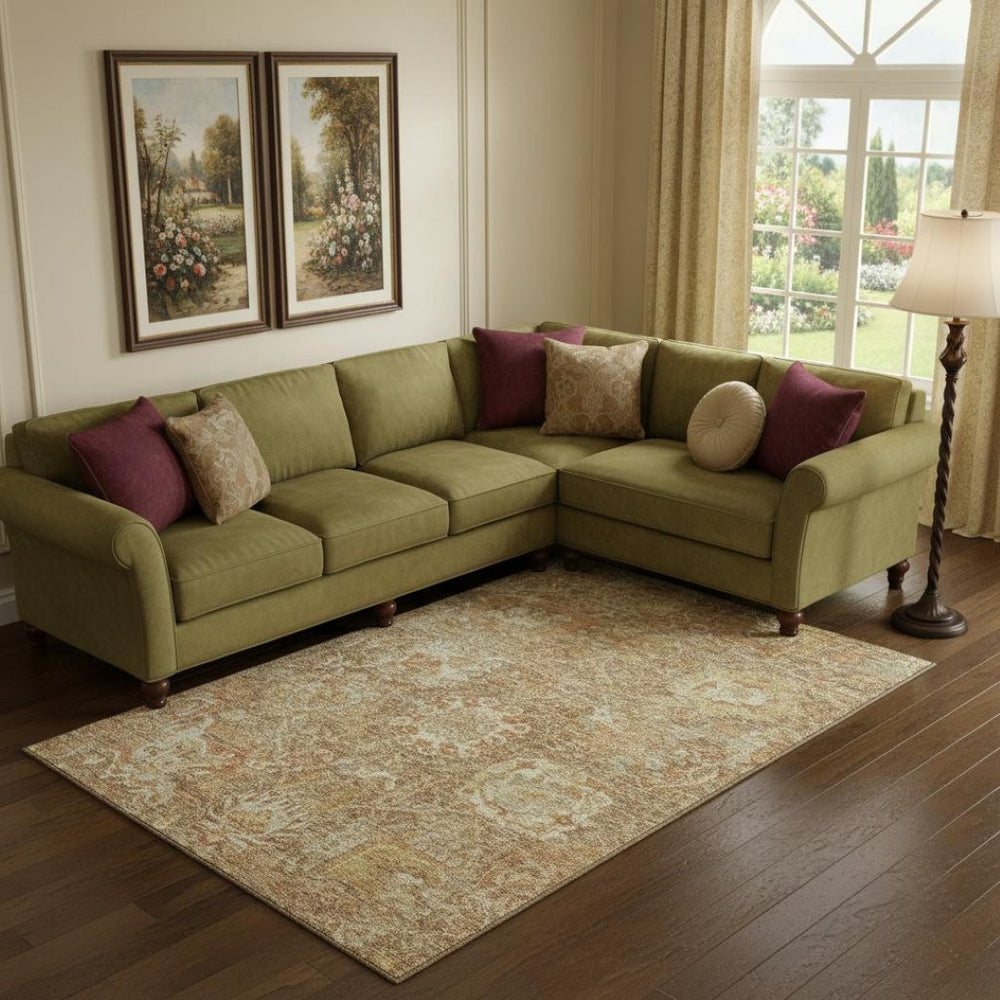 HomeRoots 9' X 12' Khaki & Beige Damask Area Rug - Washable, Stain-Resistant, UV Protected for Stylish Homes 684297